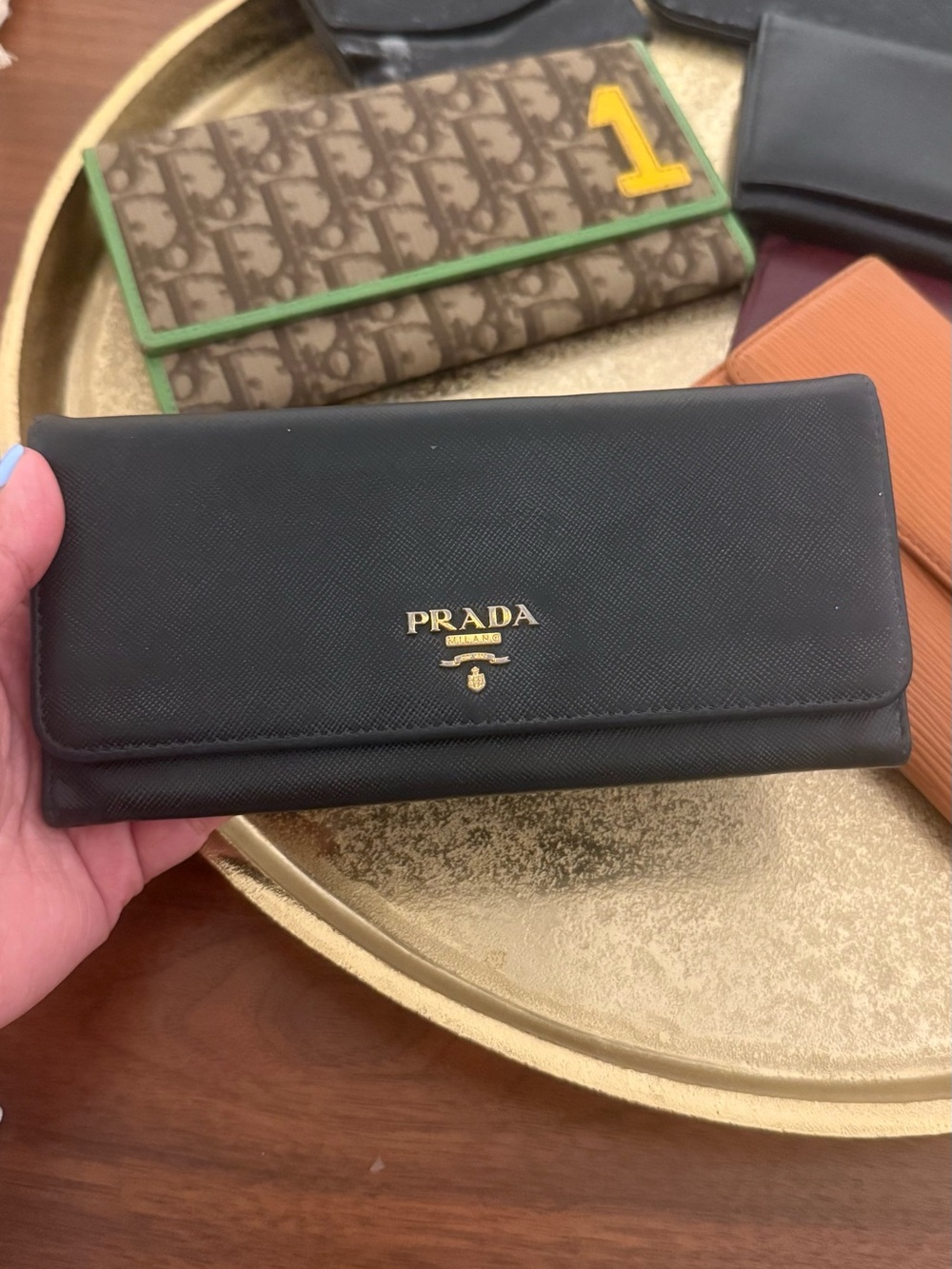Prada Black Saffiano Leather Continental Wallet with Gold Logo
